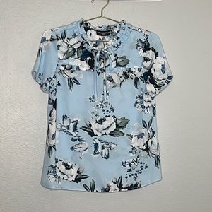 Karl Lagerfeld Paris Floral Printed Tie Neck Blouse Blue